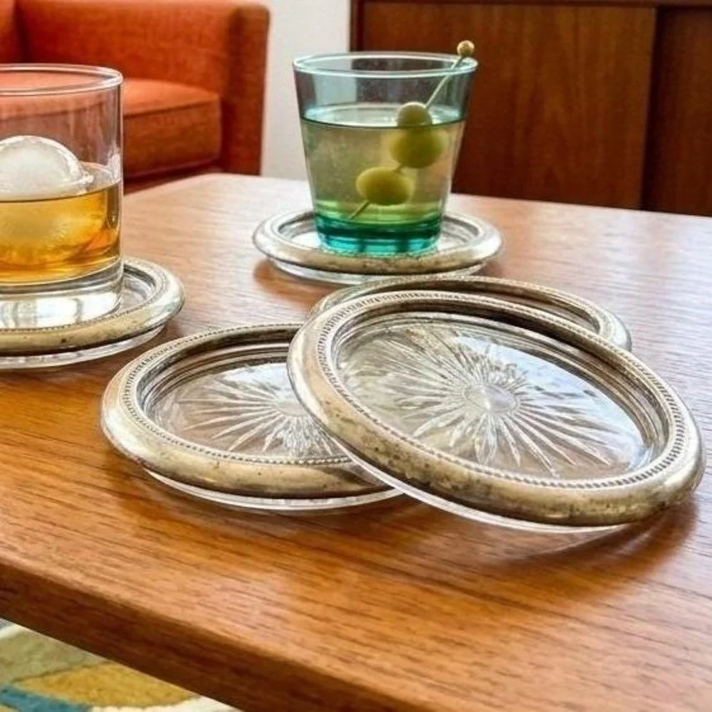 Vintage Leonard Italy Silverplate Glass Starburst Coasters Set of 4 Gadroon Rim